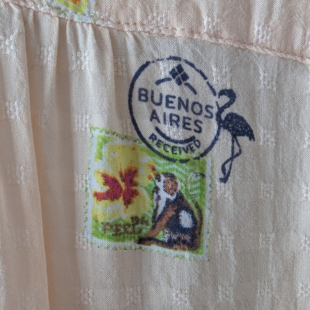 Jane + Delancey Peach Postage Stamp Print‎ Button Up Short Sleeve Women's Blouse - Picture 3 of 7